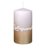 Candela con frase JARDENA, “La persona che amo”, rosa tenue-oro, 13 cm, Ø 7 cm, 52 ore