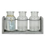Bottiglie di vetro LORRIE con supporto in legno, 3 bicchieri, trasparenti, 25x8x13cm