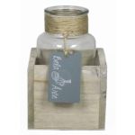 Bottiglia di vetro LORRIE in scatola di legno, trasparente, 9x9x13cm