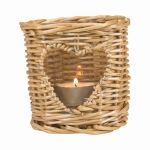 Portacandela in rattan NIKOLETTE con inserto in vetro, con ritaglio a forma di cuore, naturale-trasparente, 10 cm, Ø 9 cm