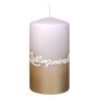 Candela con frase JARDENA, “La persona che amo”, rosa tenue-oro, 13 cm, Ø 7 cm, 52 ore