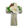 Composizione floreale artificiale con rosa, anthurium, rosa canina NINNA, croce decorativa, bianco-rosso, 30x18x11 cm