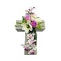 Composizione floreale artificiale con magnolia, orchidea, rosa OVANA, croce decorativa, bianco-lilla-crema, 28x18x10 cm
