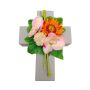 Composizione floreale artificiale con gerbera, orchidea, allium ANSGAR, croce decorativa, rosa-arancione, 20x15x9 cm