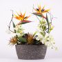 Composizione floreale decorativo esotica LOVARA, strelitzia, orchidea, calla, arancione-bianco-verde, 55x30x60cm
