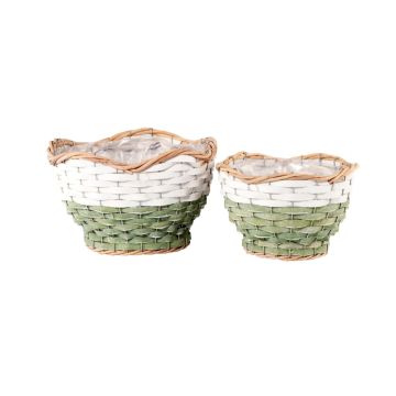 Cestino di legno per fiori ISILE, 2 pezzi, bordo curvo, rotondo, verde-bianco, 13-17cm, Ø20-25cm