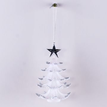 Ciondolo acrilico di abete RION con stella, glitter, bianco-argento, 12cm, Ø9cm Ciondolo acrilico di abete RION con stella, glitter, bianco-argento, 12cm, Ø9cm