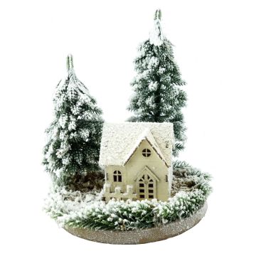 Decorazione paesaggio innevato con casetta illuminata SEWARD, abeti, LED, bianco-verde, 25cm, Ø20cm