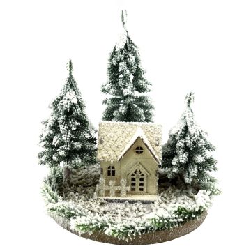 Decorazione paesaggio innevato con casetta illuminata SEWARD, abeti, LED, bianco-verde, 25cm, Ø25cm