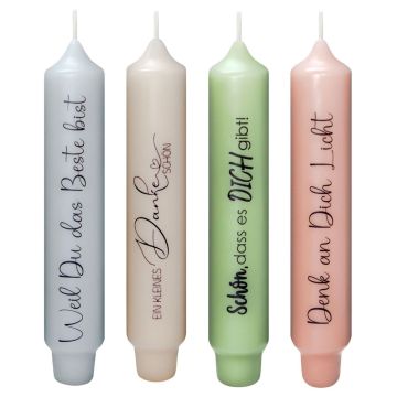 Candela a bastoncino con frase KELANI, complimento, 4 candele, 4 frasi, colorate, 16,5 cm, Ø 2,8 cm, 6 ore Candela a bastoncino con frase KELANI, complimento, 4 candele, 4 frasi, colorate, 16,5 cm, Ø 2,8 cm, 6 ore