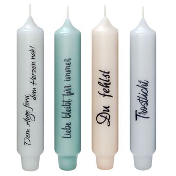 Candela a bastoncino con frase KELANI, lutto, 4 candele, 4 frasi, colorate, 16,5 cm, Ø 2,8 cm, 6 ore Candela a bastoncino con frase KELANI, lutto, 4 candele, 4 frasi, colorate, 16,5 cm, Ø 2,8 cm, 6 ore