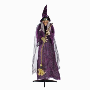 Figura decorativa di Halloween strega FERDERRA con funzione di movimento e suono, scopa, LED, 175 cm