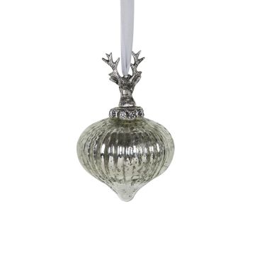 Palla di Natale NUMI in vetro, cervo, a forma di cipolla, argento, Ø 10 cm Palla di Natale NUMI in vetro, cervo, a forma di cipolla, argento, Ø 10 cm