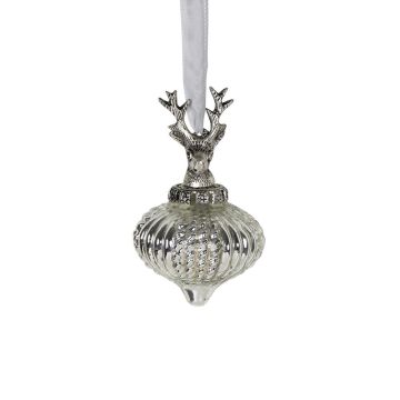 Pallina di Natale NUMI in vetro, cervo, a forma di cipolla, argento, Ø 8 cm Pallina di Natale NUMI in vetro, cervo, a forma di cipolla, argento, Ø 8 cm