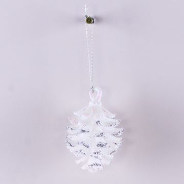 Ciondolo acrilico di pigna di abete CATHARINA, glitter, bianco-argento, 9cm, Ø7cm Ciondolo acrilico di pigna di abete CATHARINA, glitter, bianco-argento, 9cm, Ø7cm