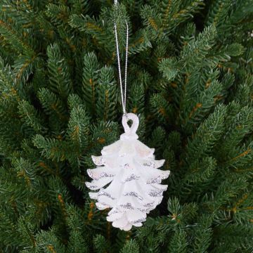 Ciondolo acrilico di pigna di abete CATHARINA, glitter, bianco-argento, 9cm, Ø7cm