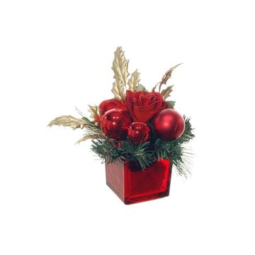 Composizione in plastica con rose, pino e agrifoglio HALANA con palline, vaso decorativo, rosso-oro, 13cm, Ø19cm