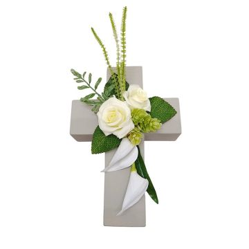 Composizione floreale in plastica con rose, calle e luppolo LONNE, croce per piante, bianco-verde, 35x18x10 cm Composizione floreale in plastica con rose, calle e luppolo LONNE, croce per piante, bianco-verde, 35x18x10 cm