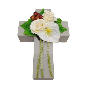 Composizione floreale artificiale con rosa, anthurium, rosa canina NINNA, croce decorativa, bianco-rosso, 30x18x11 cm