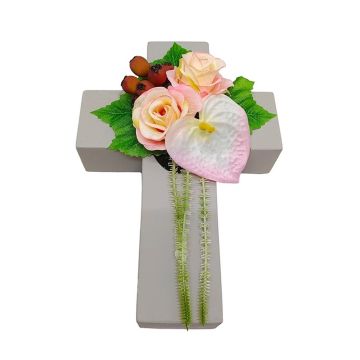 Composizione floreale artificiale con rosa, anthurium e rosa canina NINNA, croce da giardino, rosa-bianco-rosso, 30x18x11 cm