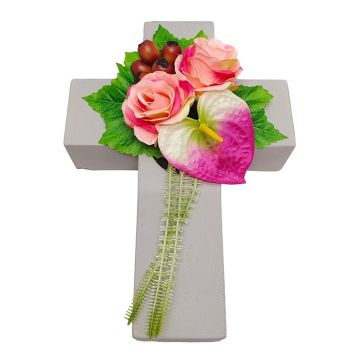 Composizione floreale artificiale con rosa, anthurium e rosa canina NINNA, croce decorativa, rosa-fucsia-rosso, 30x18x11 cm