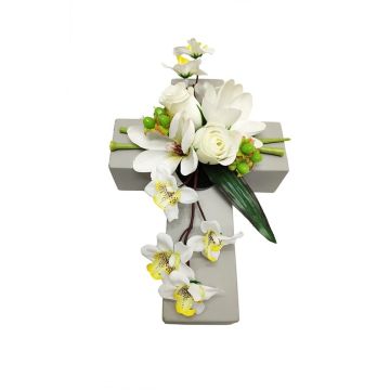 Composizione floreale artificiale con magnolia, orchidea, rosa OVANA, croce decorativa, bianco, 28x18x10 cm