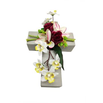 Composizione floreale artificiale con magnolia, orchidea, rosa OVANA, croce decorativa, bianco-rosa, 28x18x10 cm