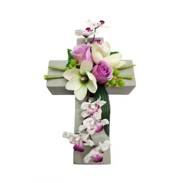 Composizione floreale artificiale con magnolia, orchidea, rosa OVANA, croce decorativa, bianco-lilla-crema, 28x18x10 cm