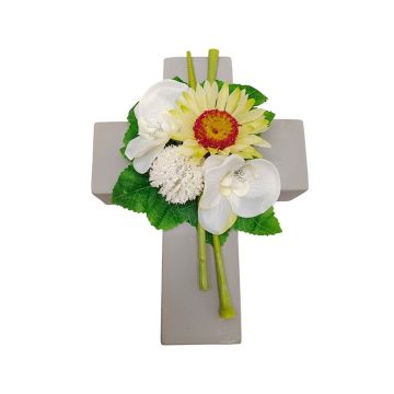 Composizione floreale artificiale con gerbera, orchidea, allium ANSGAR, croce decorativa, bianco-giallo, 20x15x9 cm