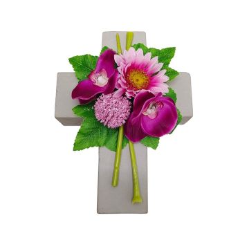 Composizione floreale artificiale con gerbera, orchidea, allium ANSGAR, croce decorativa, rosa-fucsia, 20x15x9 cm Composizione floreale artificiale con gerbera, orchidea, allium ANSGAR, croce decorativa, rosa-fucsia, 20x15x9 cm