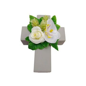 Composizione decorativa con rose, orchidee, luppolo ARIADNA, croce decorativa, bianco, 20x15x9 cm