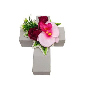 Composizione floreale in plastica con orchidea Phalaenopsis, rosa ARLOMA, croce decorativa, rosa-rosso, 20x15x11 cm