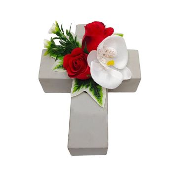 Composizione floreale in plastica: orchidea Phalaenopsis, rosa ARLOMA, croce per piante, bianco-rosso, 20x15x11 cm