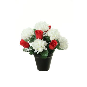 Composizione floreale artificiale con crisantemi e rose YESHE, vaso decorativo, crema-rosso, 28cm, Ø22cm