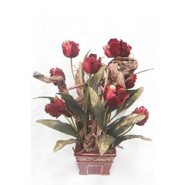 Composizione floreale artificiale con tulipani e salice a spirale THARO, vaso decorativo, rosso-oro, 70cm, Ø40cm Composizione floreale artificiale con tulipani e salice a spirale THARO, vaso decorativo, rosso-oro, 70cm, Ø40cm