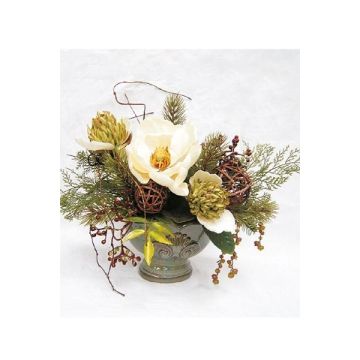 Composizione floreale decorativa con magnolia, protea e bacche TORWI, coprivaso, bianco-verde, 31 cm, Ø 34 cm Composizione floreale decorativa con magnolia, protea e bacche TORWI, coprivaso, bianco-verde, 31 cm, Ø 34 cm
