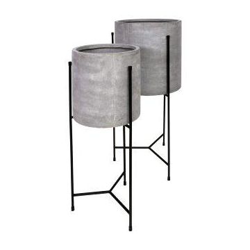 Vaso rotondo per piante NARUKO con supporto in metallo, 2 pezzi, fibra di vetro, grigio, 35x75 cm, 45x82 cm Vaso rotondo per piante NARUKO con supporto in metallo, 2 pezzi, fibra di vetro, grigio, 35x75 cm, 45x82 cm