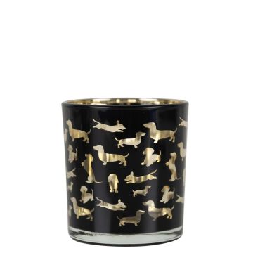 Portacandela in vetro GEORGETTE con motivo bassotto, nero opaco-oro lucido, 8cm, Ø7,5cm