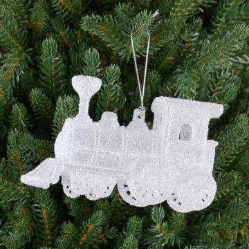 Ciondolo acrilico di locomotiva GEREON, glitter, bianco-argento, 12x7cm