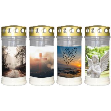 Luce tombale SAVINA con motivo, coperchio, 4 pezzi, bianco, 17cm, Ø7,7cm, 96h