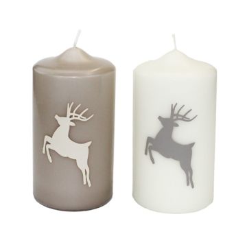 Candela con disegno / Candela di Natale DALDI, disegno di cervo, set di 2, beige, 15cm, Ø8cm, 69h - Made in Germany