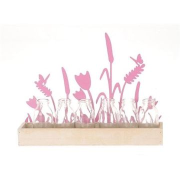 Vassoio decorativo in legno di vetro HIFTU con 6 bottiglie, fiori in zinco, rosa, 35x6x28,5cm