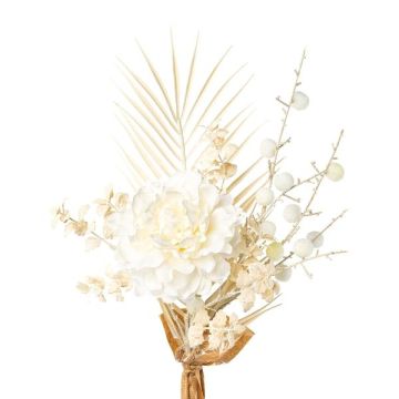 Mazzo di peonie artificiali AYMA con euforbia a palloncino, foglia di palma, color crema, 60 cm