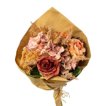 Mazzo di fiori artificiali con rose, ortensie e skimmia FORTA, arancione-salmone-rosa antico, 50 cm