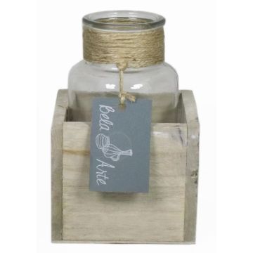 Bottiglia di vetro LORRIE in scatola di legno, trasparente, 9x9x13cm