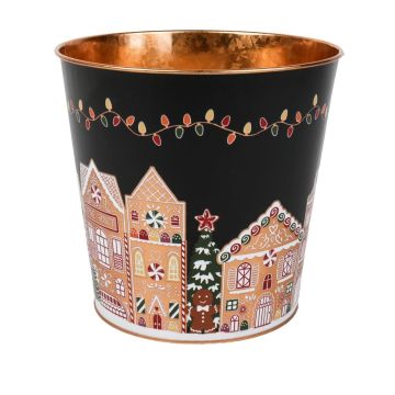 Portafiori in zinco MAVETA con motivo casetta di pan di zenzero, nero-rame, 18cm, Ø20,5cm