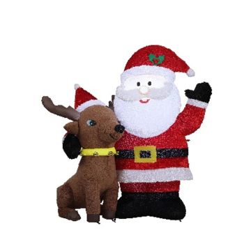 Decorazione XXL Babbo Natale e renna SISSA, gonfiabile, in peluche, LED, rosso-bianco-marrone, 155x70x183cm