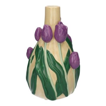 Vaso decorativo LIMEA in dolomite, tulipani 3D, beige-lilla-verde, 21,6 cm, Ø 13,3 cm