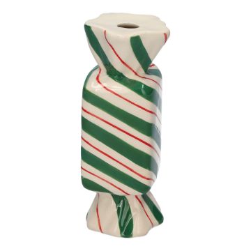 Vaso quadrato per un solo fiore Bonbon AMIEL in ceramica, con linee oblique, verde-rosso-bianco, 4,5x4,5x11,5 cm