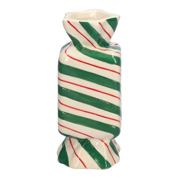 Vaso quadrato per un solo fiore Bonbon AMIEL in ceramica, con linee oblique, verde-rosso-bianco, 6,5x6,5x15 cm